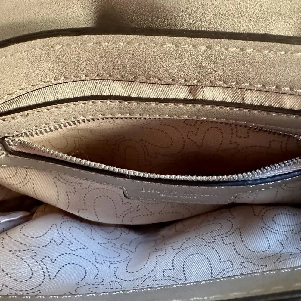 True-religion denim saddlebag purse - taupe and white